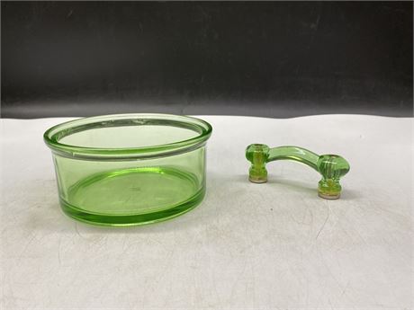 URANIUM GLASS CANISTER & GREEN GLASS MAGNETIC HANDLE - 2.5’ x 5.5’