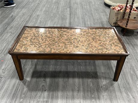 VINTAGE PENNY COFFEE TABLE - 48”L 24”W 17”H