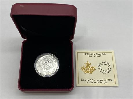 RCM CANADIAN $8 2018 FINE SILVER COIN - DRAGON LUCK