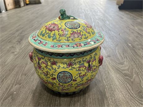 EARLY CHINESE HAND PAINTED LIDDED BOWL - 10” TALL 7” DIAMETER