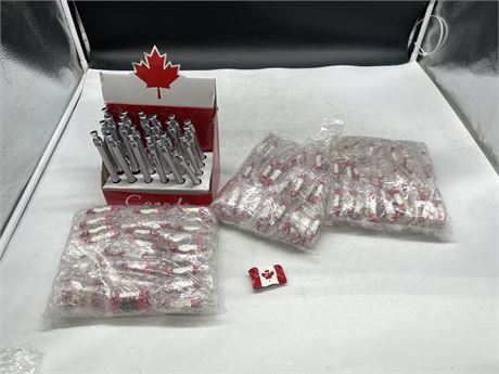 BOX OF CANADIAN PENS + 3 BAGS OF MAGNETS