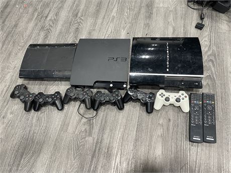 3 PS3’S WITH 5 CONTROLLERS & 2 REMOTES (UNTESTED)