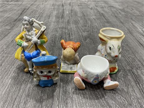 5 PC OF SMALL CUPS + FIGURINES - SOME OCCUPIED JAPAN (TALLEST IS 4”)