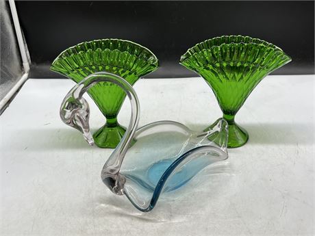 GLASS SWAN PIECE (12” long) & 2 GREEN GLASS PIECES (8” tall)