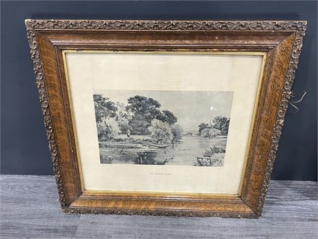 ANTIQUE PRINT “THE CROSSING PLACE” IN ORNATE WOODEN FRAME (22.5”x21”)
