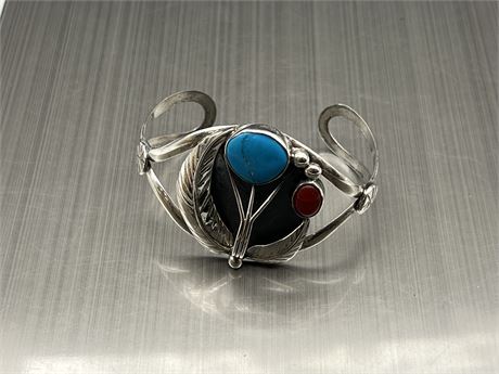 MEXICAN STERLING SILVER W/TURQUOISE & CORAL CUFF BANGLE