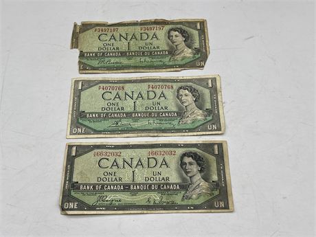 3 SEQUENTIAL CANADIAN 1954 $1 BILLS (1 DEVIL FACE / 2 NOT)