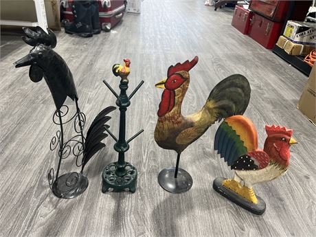4 DECORATIVE ROOSTERS - ONE WITH CAST IRON BASE - 16” TALLEST