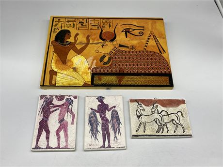 EGYPTIAN PLAQUE & 3 TILES (Largest is 14”x10”)