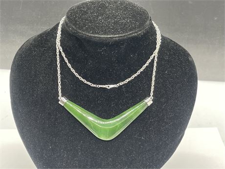 STERLING SILVER + JADE BOOMERANG NECKLACE ON LONG STERLING CHAIN (27”)