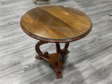 GLASS TOP MAHOGANY TABLE (22” high, 24” wide)