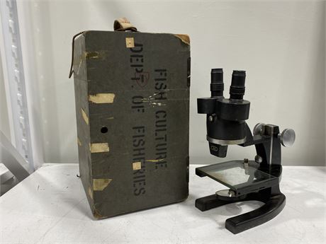 VINTAGE DEPARTMENT OF FISHERIES MICROSCOPE W/BOX (15” tall)