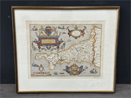 VINTAGE FRAMED MAP OF CORNWALL 1576 (27”X24”)