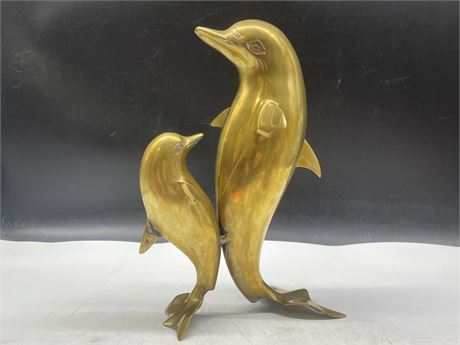 MCM MOTHER AND BABY DOLPHIN BRASS STATUE (12”)