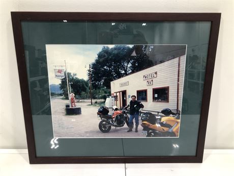 FRAMED VINTAGE PHOTO OF MOTORCYCLE SCENE (22”x17”)