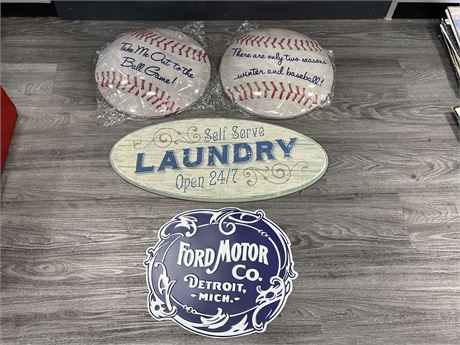 3 TIN SIGNS (1 FORD / 2 BASEBALL) & 1 WOOD LAUNDRY SIGN (LAUNDRY SIGN IS 28”W)