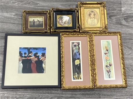 5 SMALL FRAMED WATERCOLOUR PRINTS + JACK VETTRIANO PRINT (LARGEST 12”x12”)