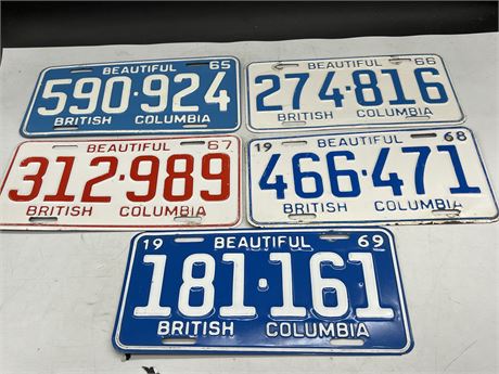 (5) 1965, 66, 67, 68 & 69 BC LICENSE PLATES - CLEAN CONDITION
