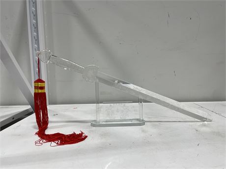 VINTAGE GLASS DISPLAY SWORD WITH STAND IN ORIGINAL BOXES