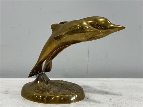 PAIR OF BRASS MCM DOLPHINS ON BASE (9”X7”)