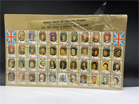 UNIQUE SHEET OF POSTAGE STAMPS ALL KINGS/QUEENS OF ENGLAND 15”x10”