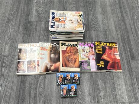 APPRX 20 VINTAGE PENTHOUSE / PLAYBOY MAGS + 5 NOS ADULT PLAYING CARDS