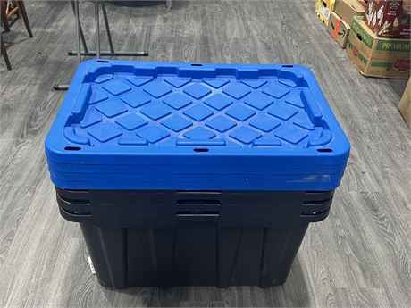 4 LARGE TOTES WITH LIDS - 27”x19”x15”