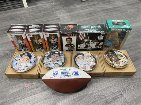 MISC SPORTS COLLECTABLES INCL: BOBBLE HEADS, PLATES, ETC