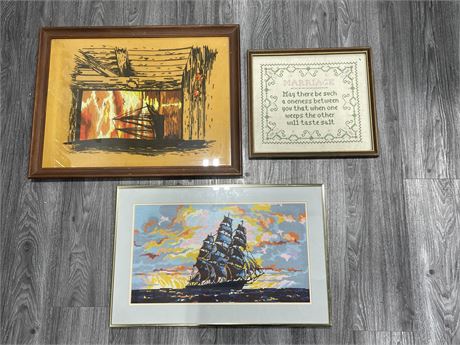 3 VINTAGE FRAMED NEEDLE POINT PICTURES - LARGEST IS 20”x26”