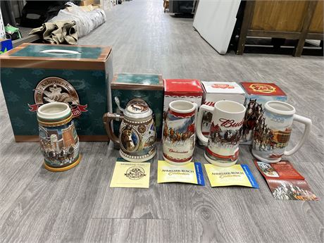 LOT OF 5 IN BOX BUDWEISER COLLECTOR BEER STEINS - MOST W/ COA’S