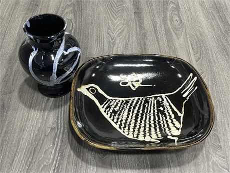 LARGE BIRD DECORATED POTTERY BOWL + BMP POTTERY VASE