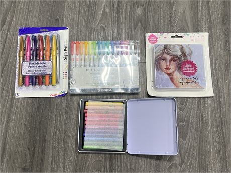 LOT OF NEW WATER COLOUR CRAYONS, MARKERS, ETC