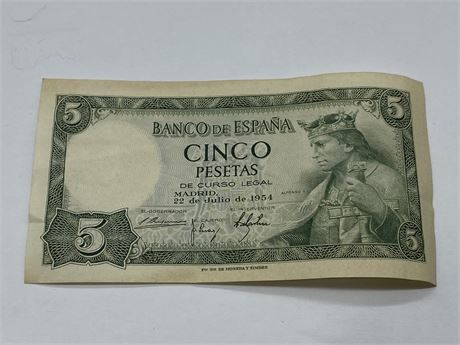 $5.00 BANCO DE ESPANA BILL IN GOOD CONDITION