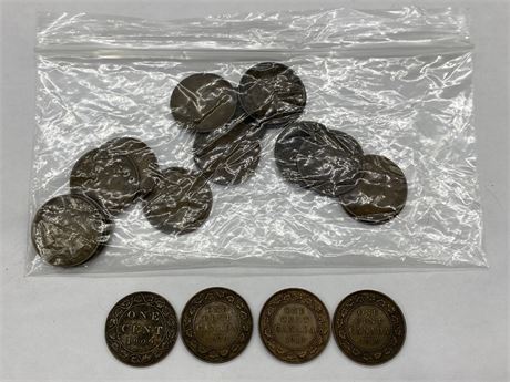 20 LARGE CANADIAN CENT COINS — 1900-1920