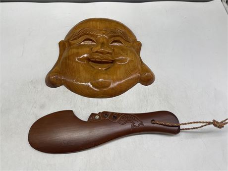 HANDCARVED WOODEN BUDDAH HEAD (10”x10”) & NEW ZEALAND HAND CARVED PATU STICK