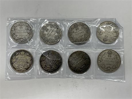 8 ANTIQUE SILVER CDN QUARTERS DATING BACK TO 1904