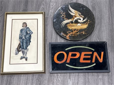 DECOR LOT - NEEDLEPOINT, OPEN SIGN + OTHER