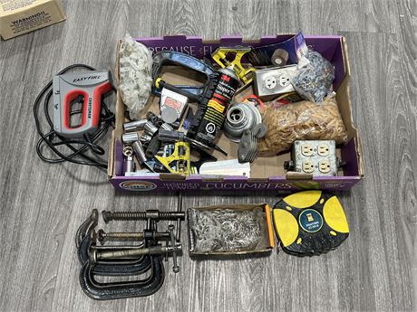 LOT OF MISC TOOLS & ECT - CLAMPS, SOCKETS, HARDWARE & ECT