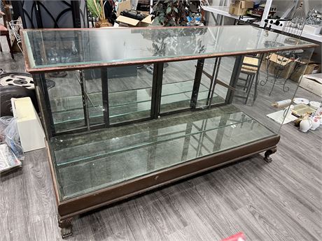 ANTIQUE GLASS DISPLAY CASE FROM GENERAL STORE IN PORTLAND (27”x72”x42”)