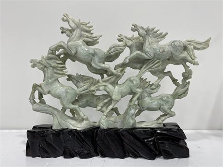 FANG SHUI 8 HORSES RUNNING CARVED SUCCESS STATUE W/CARVED WOOD FITTED BASE 15X12