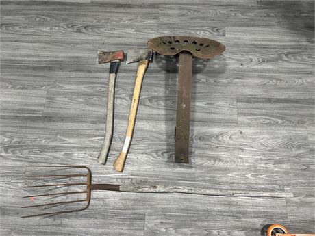 VINTAGE TRACTOR SEAT / PITCH FORK & 2 AXES