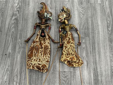 2 VINTAGE WAYANG HAND CARVED / PAINTED PUPPETS - 26” LONG