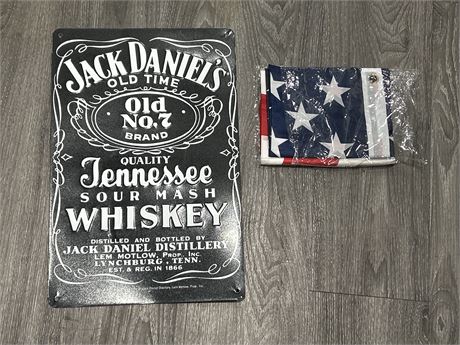 JACK DANIELS TIN SIGN AND NEW 3 FT X 5 FT AMERICAN FLAG
