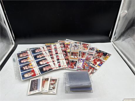 SHEETS OF MISC HOCKEY CARDS - MOSTLY 90’s + TOP LOADERS ECT
