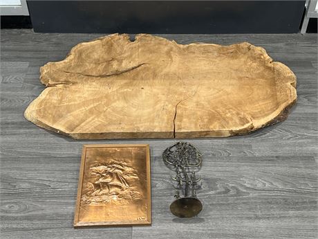 SLAB OF VINTAGE LIVE EDGE + COPPER SHIP WALL PIECE & ECT