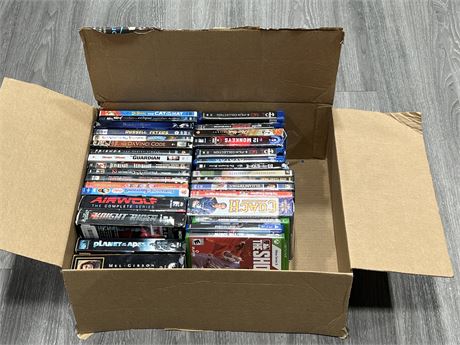 SMALL BOX OF BLUERAYS, DVDS, VHS & SOME VIDEO GAMES