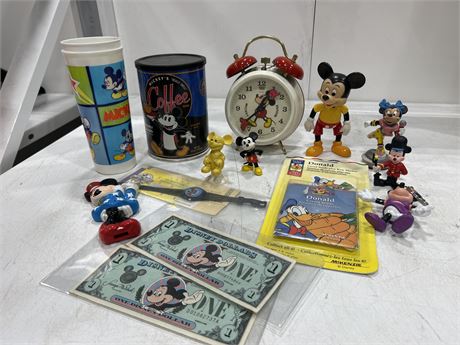 LOT OF VINTAGE MICKEY MOUSE ITEMS - CLOCK, WATCH, FIGURES + OTHERS