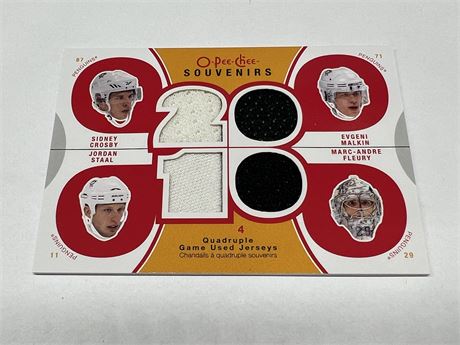 2010 QUAD JERSEY CARD OPC SOUVENIRS - CROSBY, MALKIN, STAAL, FLEURY