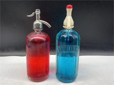 2 VINTAGE SELTZER BOTTLES W/ ORIGINAL GLASS TUBES - 12” TALL