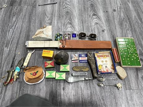 LOT OF COLLECTABLES-STONE, POTTERY, DOMINOS ETC